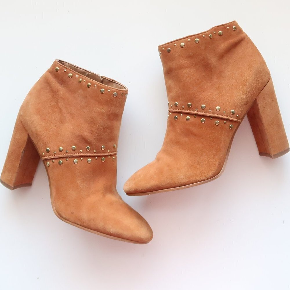 Sam Edelman Tan Suede Leather Round Toe Block Heel Studded Ankle Boots Booties